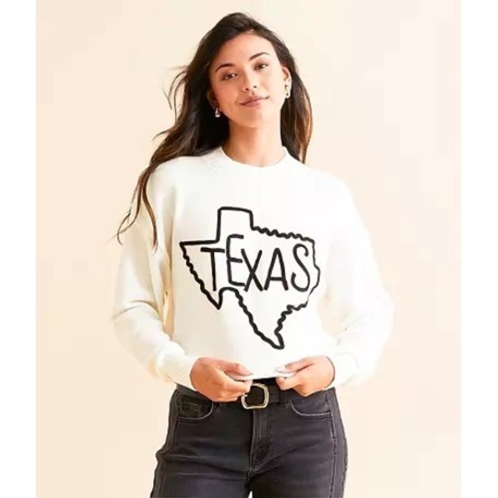 Le Lis Collection Texas State Outline Embroidered Knit Sweater Off-White Large